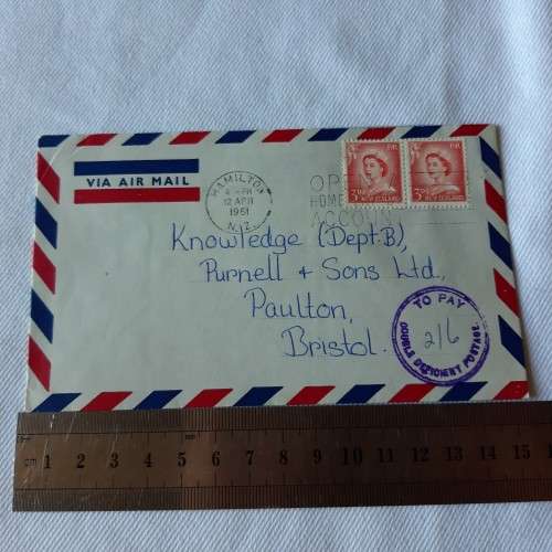 Taxed airmail cover from Hamilton, New Zealand to Bristol, England with 2x3d New Zealand stamps