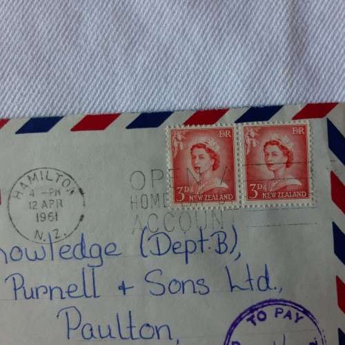 Taxed airmail cover from Hamilton, New Zealand to Bristol, England with 2x3d New Zealand stamps