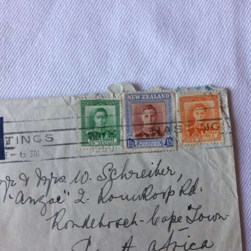 Airmail cover from Hastings, New Zealand to Cape Town, South Africa with 3 New Zealand stamps - 1950