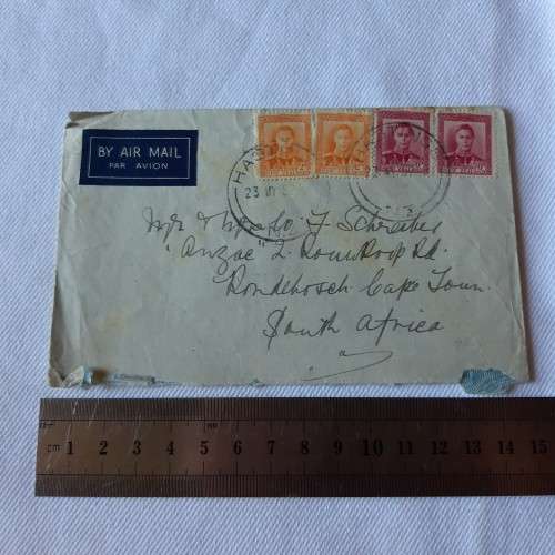 Airmail cover from Hastings, New Zealand to Cape Town, South Africa with 2x2d, 2x6d stamps