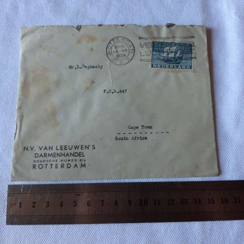 Postal cover from Rottendam, Netherlands to Cape Town, South Africa with 12 1/2 cent stamp