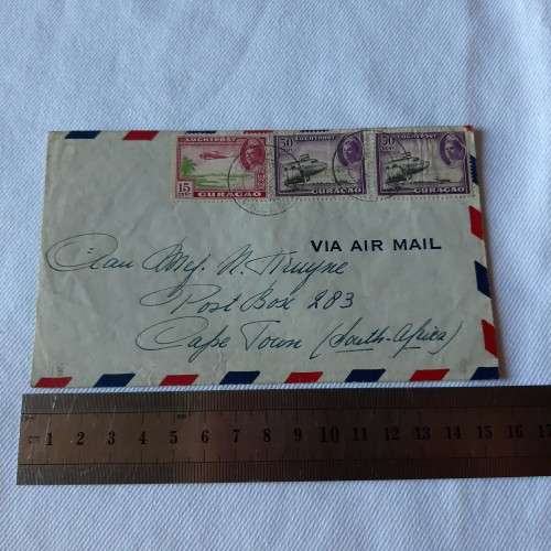 Airmail cover from Curacao to Cape Town, South Africa with 15cent and2x50cent Caracao stamps