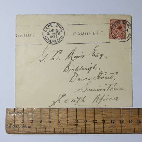 Postal cover from Cape Town to Simonstown on 15 January 1932 with three halfpence stamp