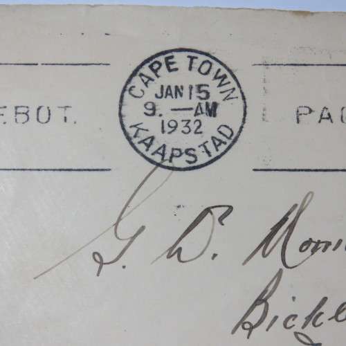 Postal cover from Cape Town to Simonstown on 15 January 1932 with three halfpence stamp