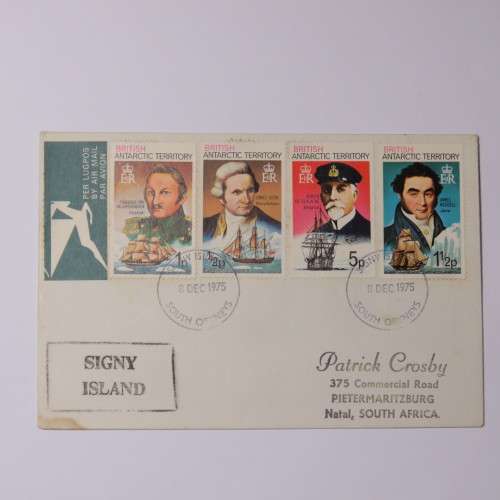 Airmail cover from Signy Islands South Orkneys to Pietermaritzburg, South Africa on 6 December 1975
