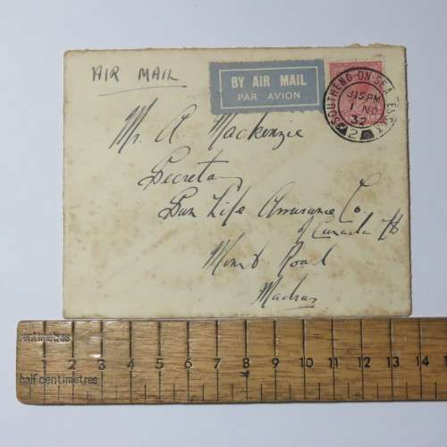 Airmail cover from South End On Sea Essex, England to Sun life Assurance Company in Canada