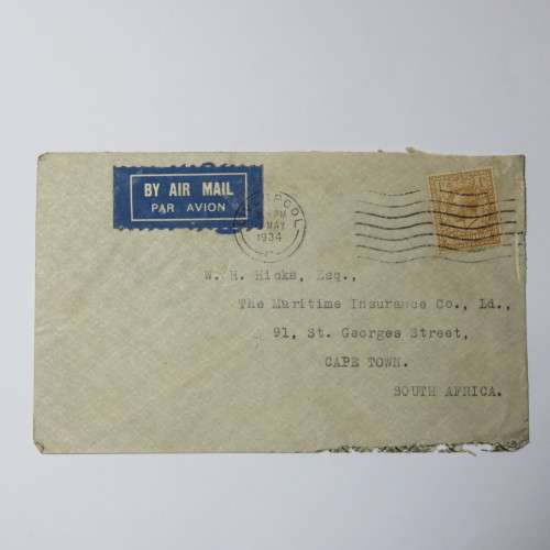 Airmail cover from Liverpool, England to Cape Town South Africa on 11 May 1934