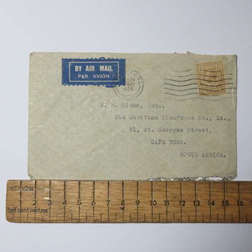 Airmail cover from Liverpool, England to Cape Town South Africa on 11 May 1934