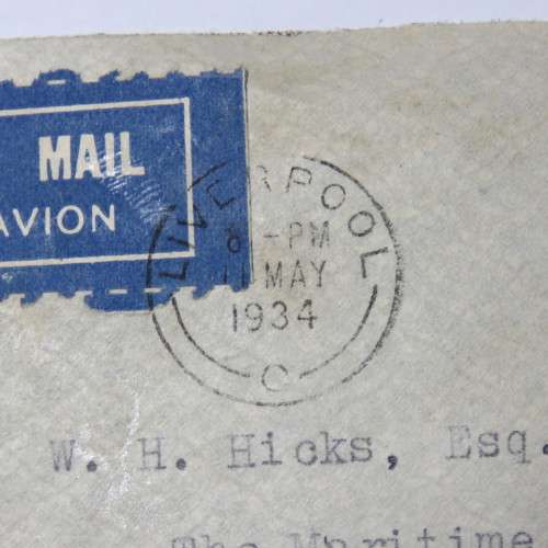 Airmail cover from Liverpool, England to Cape Town South Africa on 11 May 1934