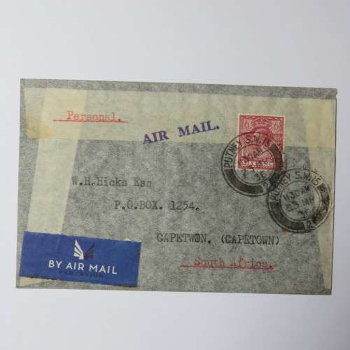 Airmail cover from Putney, London to Cape Town, South Africa with six pence stamp