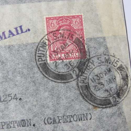 Airmail cover from Putney, London to Cape Town, South Africa with six pence stamp