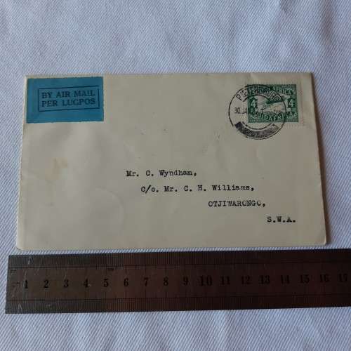 Airmail cover from Pietersburg to Otjiwarongo, SWA - 30 January 1932 - With 4d Suid-Afrika stamp
