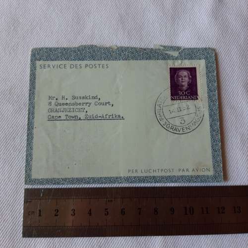 Postal cover from Gravenhage, Netherlands to Cape Town, South Africa with 30c Nederland stamp