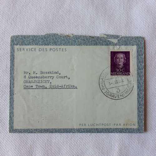 Postal cover from Gravenhage, Netherlands to Cape Town, South Africa with 30c Nederland stamp