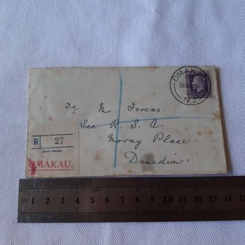 Registered postal cover from Omakau, New Zealand to Dunedin, New Zealand - 26 March 1935