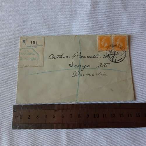 Registered postal cover from Tahakopa, New Zealand to Dunedin, New Zealand with 2x2d stamps