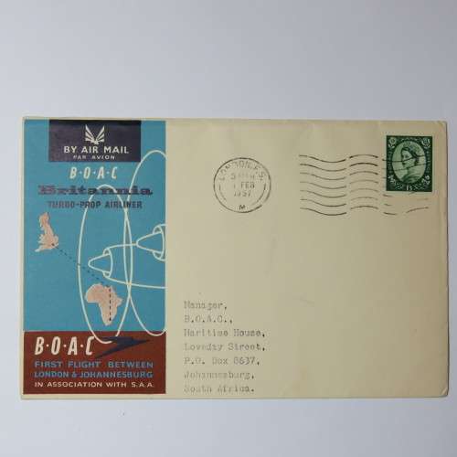 Airmail cover from London to Johannesburg, South Africa on 1 February 1957