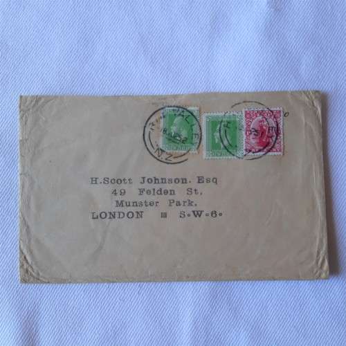 Postal cover from New Zealand to London, England - 18 November 1925 with 3 New Zealand stamps