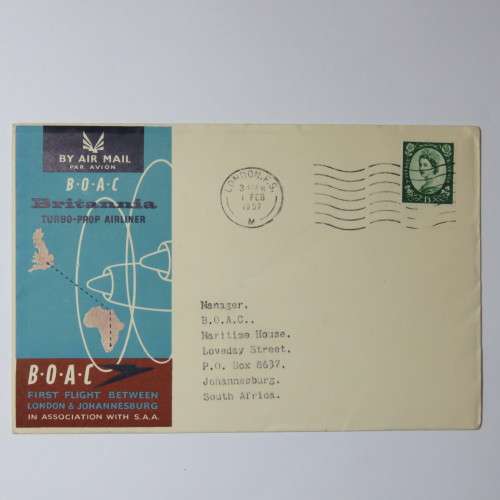 Airmail cover from London to Johannesburg, South Africa on 1 February 1957 with British 1`3s stamp