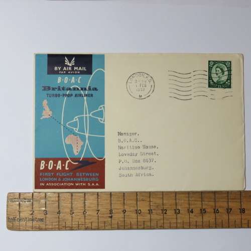 Airmail cover from London to Johannesburg, South Africa on 1 February 1957 with British 1`3s stamp