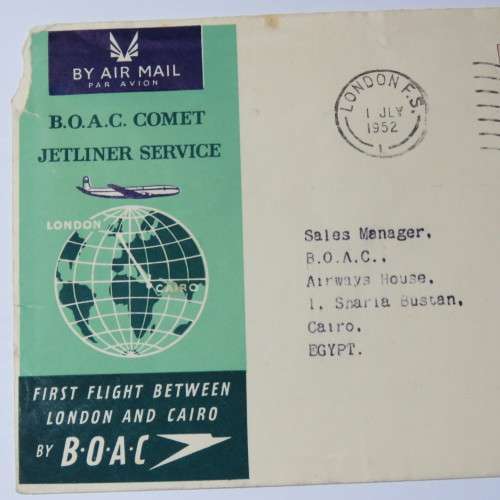 Airmail cover from London to Cairo, Egypt on 1 July 1952 with 5D and 4D stamps