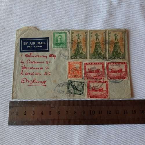 Airmail cover from Russell, New Zealand to London, England with 9 New Zealand stamps