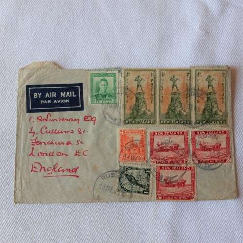 Airmail cover from Russell, New Zealand to London, England with 9 New Zealand stamps