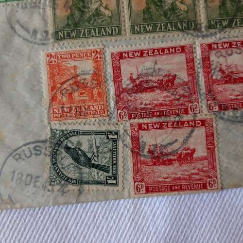 Airmail cover from Russell, New Zealand to London, England with 9 New Zealand stamps
