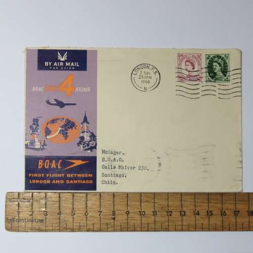 Airmail cover from London to Santiago, Chile on 25 January 1960 with 6 pence and 9d stamps