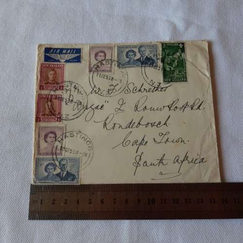 Airmail cover from Hastings, New Zealand to Cape Town, South Africa with 7 New Zealand stamps