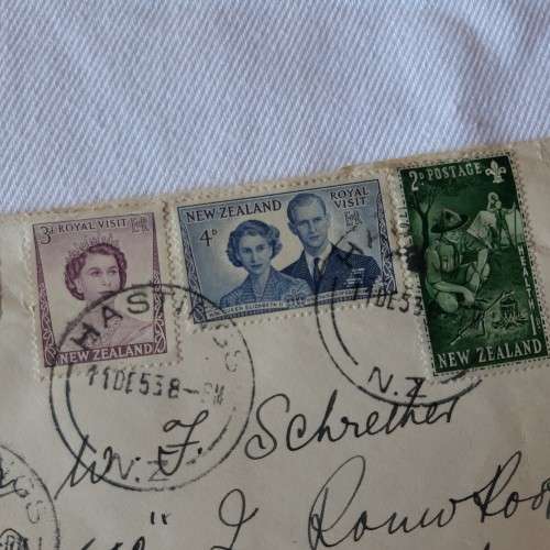 Airmail cover from Hastings, New Zealand to Cape Town, South Africa with 7 New Zealand stamps