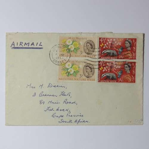 Airmail cover from Dorset, England to Fishhoek, South Africa in 1963 with 3d and 4 1/2d stamps