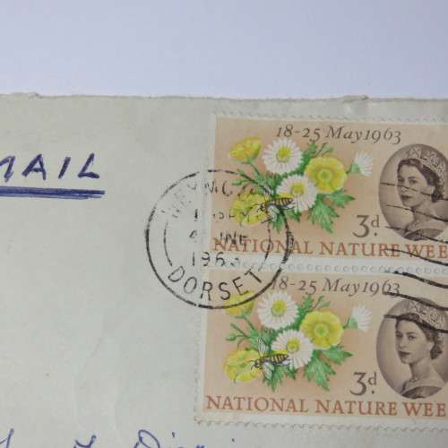Airmail cover from Dorset, England to Fishhoek, South Africa in 1963 with 3d and 4 1/2d stamps