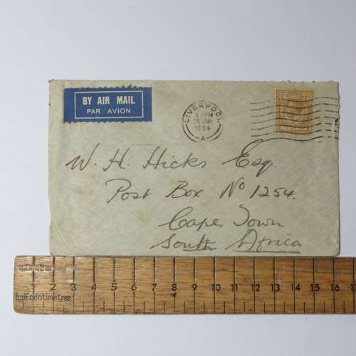 Airmail cover from Liverpool, England to Cape Town South Africa on 26 June 1934