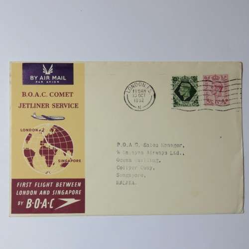 Airmail cover from London to Singapore, Malaya on 13 October 1952