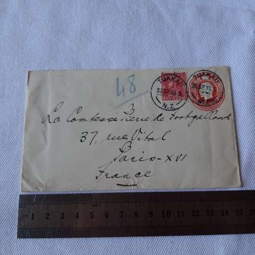 Uprated Postal cover from Tuakau, New Zealand to Paris, France with New Zealand 1d and 2pence stamps