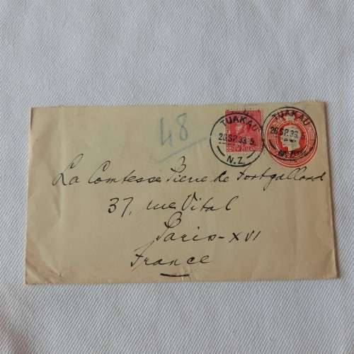 Uprated Postal cover from Tuakau, New Zealand to Paris, France with New Zealand 1d and 2pence stamps