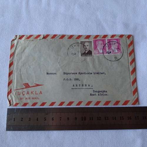 Airmail cover from Izmir,Turkey to Tanganyka,East Africa with 3 Turkey stamps 1x10 kurus, 2x30 kurus