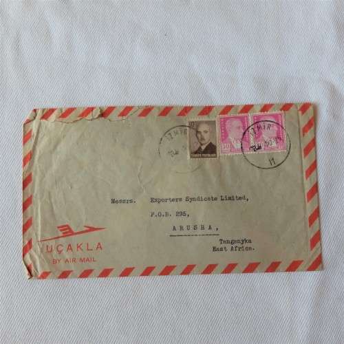 Airmail cover from Izmir,Turkey to Tanganyka,East Africa with 3 Turkey stamps 1x10 kurus, 2x30 kurus