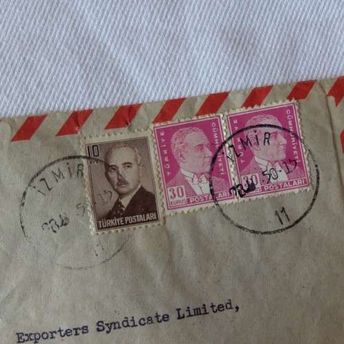 Airmail cover from Izmir,Turkey to Tanganyka,East Africa with 3 Turkey stamps 1x10 kurus, 2x30 kurus