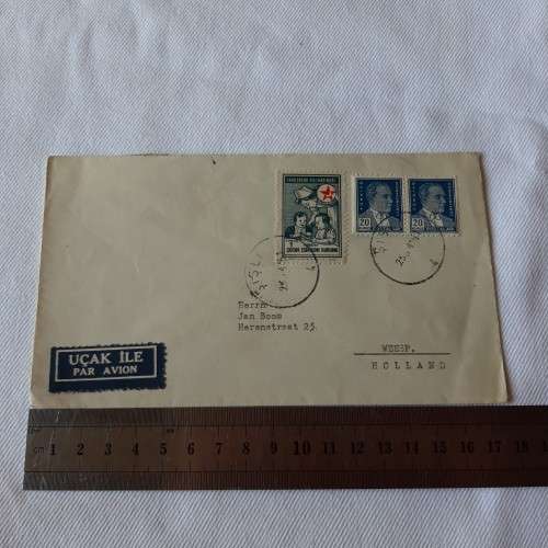 Airmail cover from Istanbul, Turkey to Holland with 3 Turkish stamps - 23 April 1951