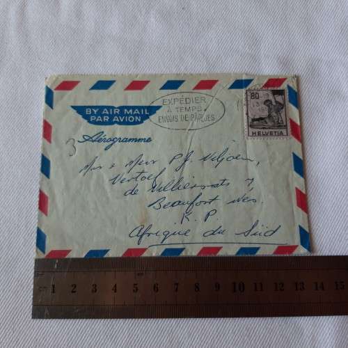 Airmail cover from Fribourg, Switzerland to Beaufort West, South Africa with 80 Helvetia stamp
