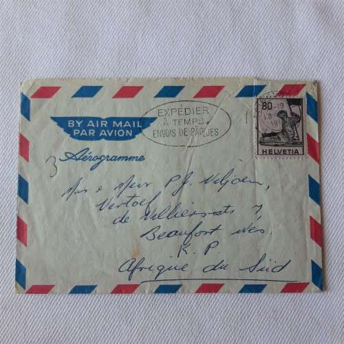 Airmail cover from Fribourg, Switzerland to Beaufort West, South Africa with 80 Helvetia stamp