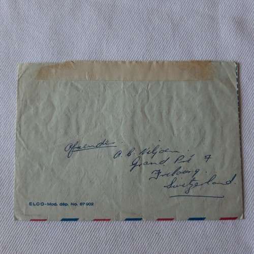 Airmail cover from Fribourg, Switzerland to Beaufort West, South Africa with 80 Helvetia stamp