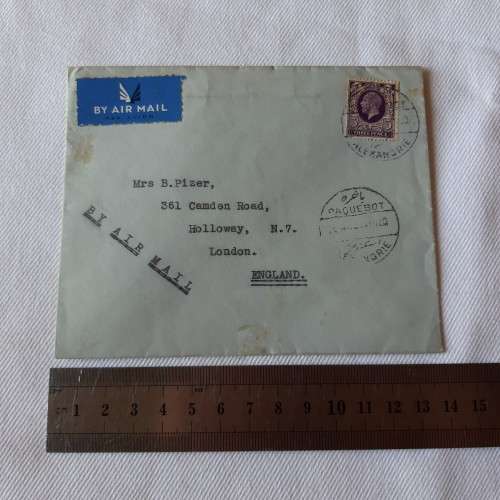 Paquebot postal cover from Alexandria to London, England with 3pence stamp - Via airmail