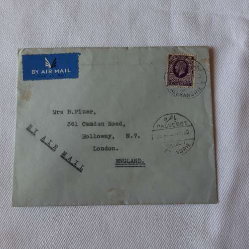 Paquebot postal cover from Alexandria to London, England with 3pence stamp - Via airmail