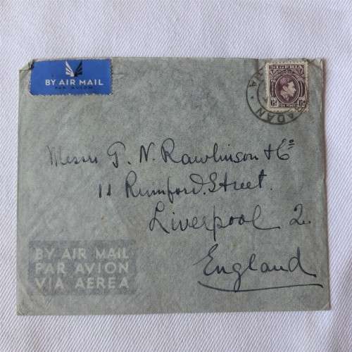1939 Airmail cover from Abadan to Liverpool, England with Nigerian sixpence stamp
