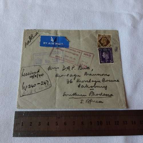 Airmail cover to Southern Rhodesia - Dated 5 October 1940 - Passed by censor - Tear on front