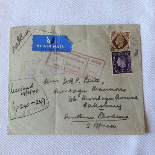 Airmail cover to Southern Rhodesia - Dated 5 October 1940 - Passed by censor - Tear on front