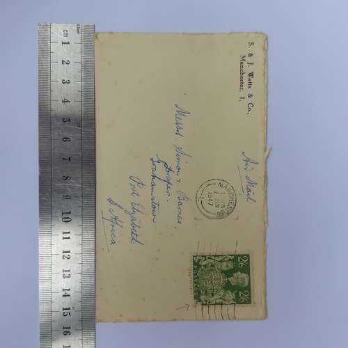 Postal cover from Manchester, England to Port Elizabeth, South Africa - with 2/6 British stamp